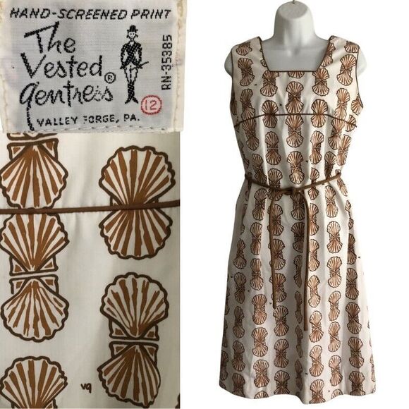 Vested Gentress Shift Dress Womens M 12 Sleeveless VTG Hand Screened Shell Print - Picture 1 of 15